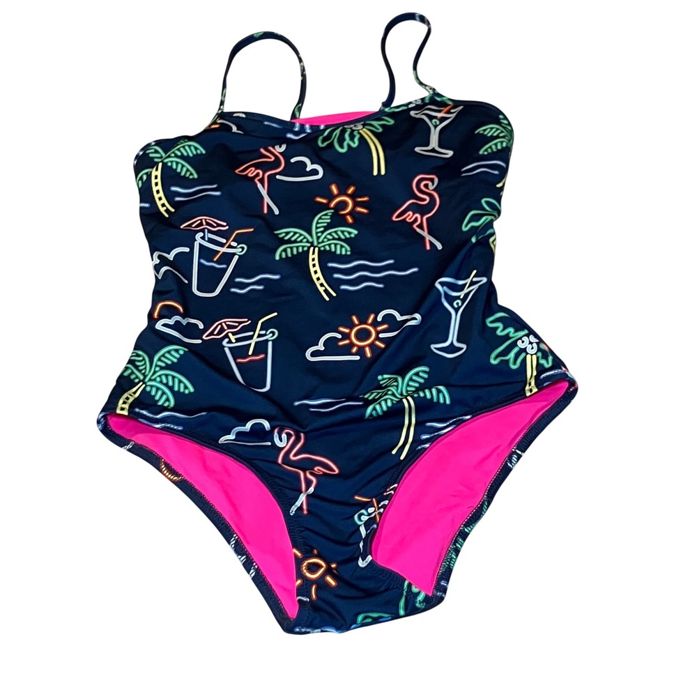 Chubbies One Piece Swimsuit Women Small Navy Neon Flamingo Retro Tropical